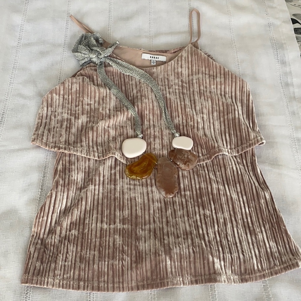 RO & DE Crushed Velvet soft pink tank top with statement necklace.